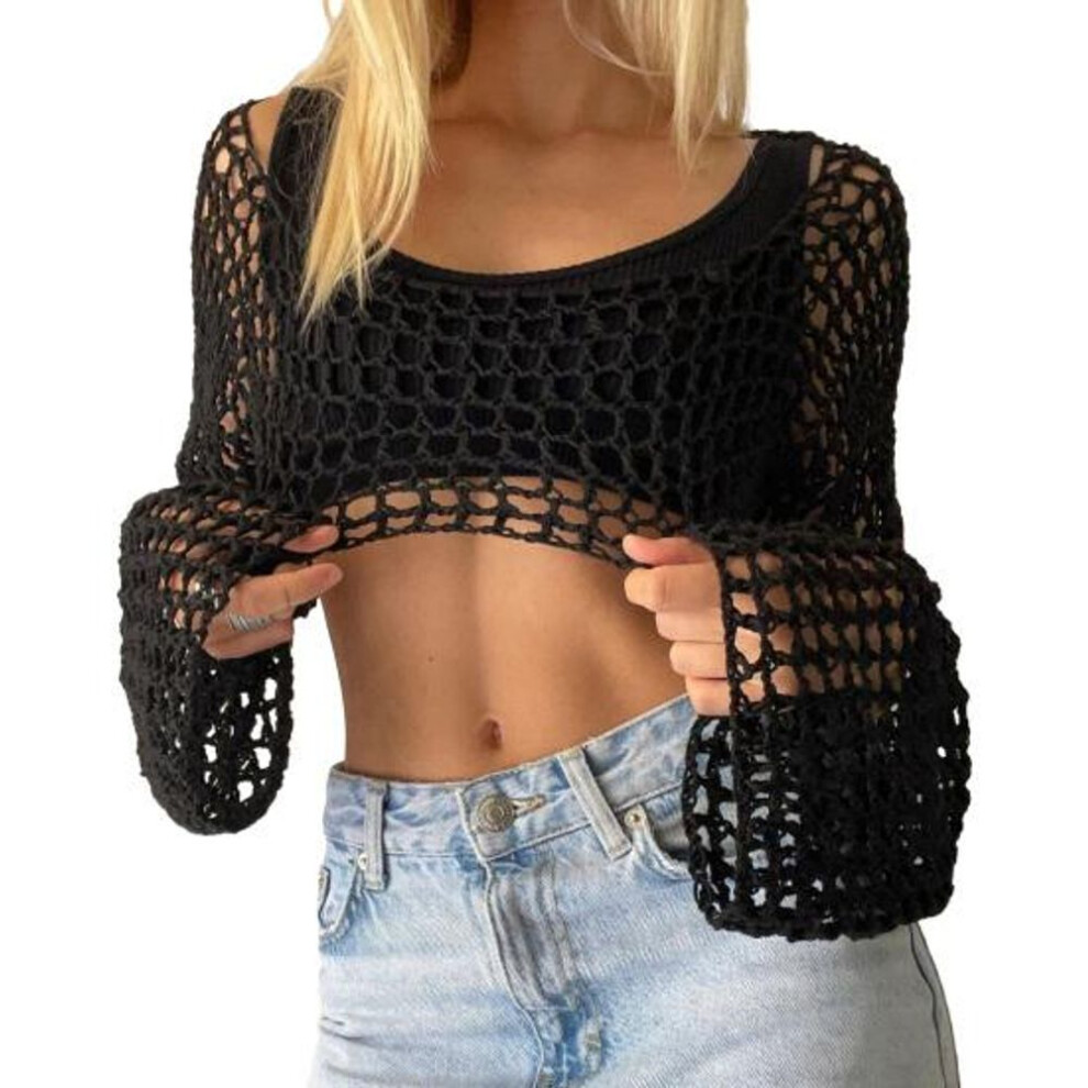 (M, black) Women Sweater Cover Up Crochet Knit Hollow Out Crop Top Stylish Comfortable Blouse Streetwear For Autumn
