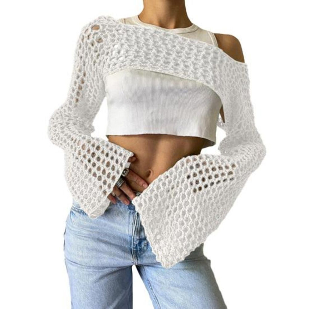 (S, white) Women Sweater Cover Up Crochet Knit Hollow Out Crop Top Stylish Comfortable Blouse Streetwear for Autumn