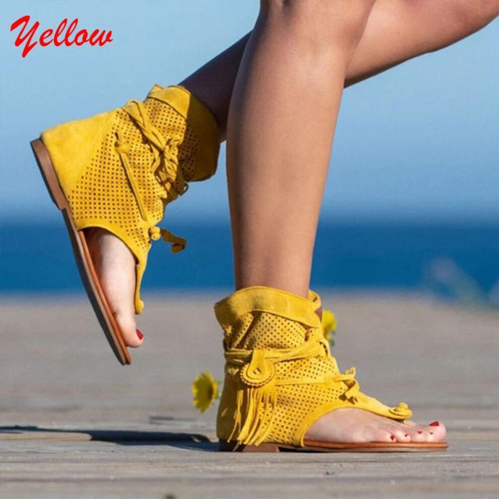 (yellow, 35) Women&apos;s Rome Ladies Clip Toe Vintage Boots Tassel Sandals Gladiator Retro Fashion Summer Casual