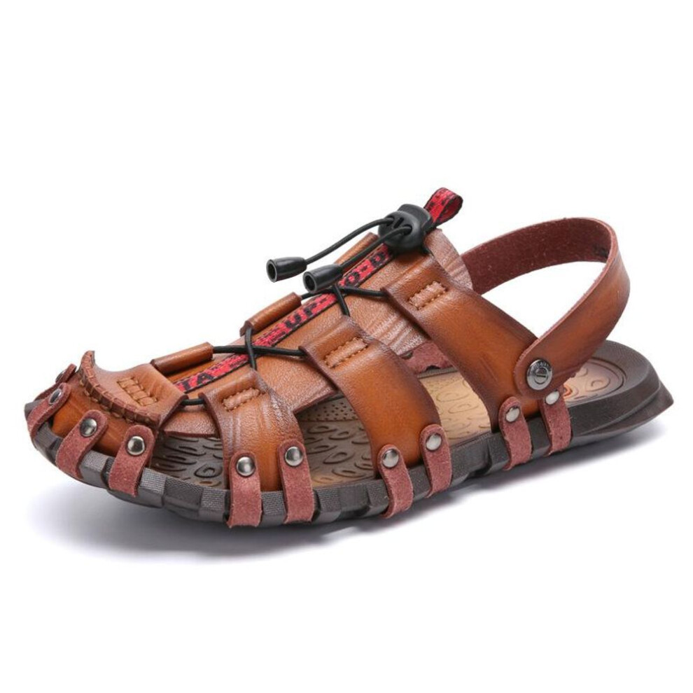 (yellow, 39) New Fashion Men Summer Leather Shoes Men Beach Sandals Platform Slippers Slip On Flip Flops Fashion