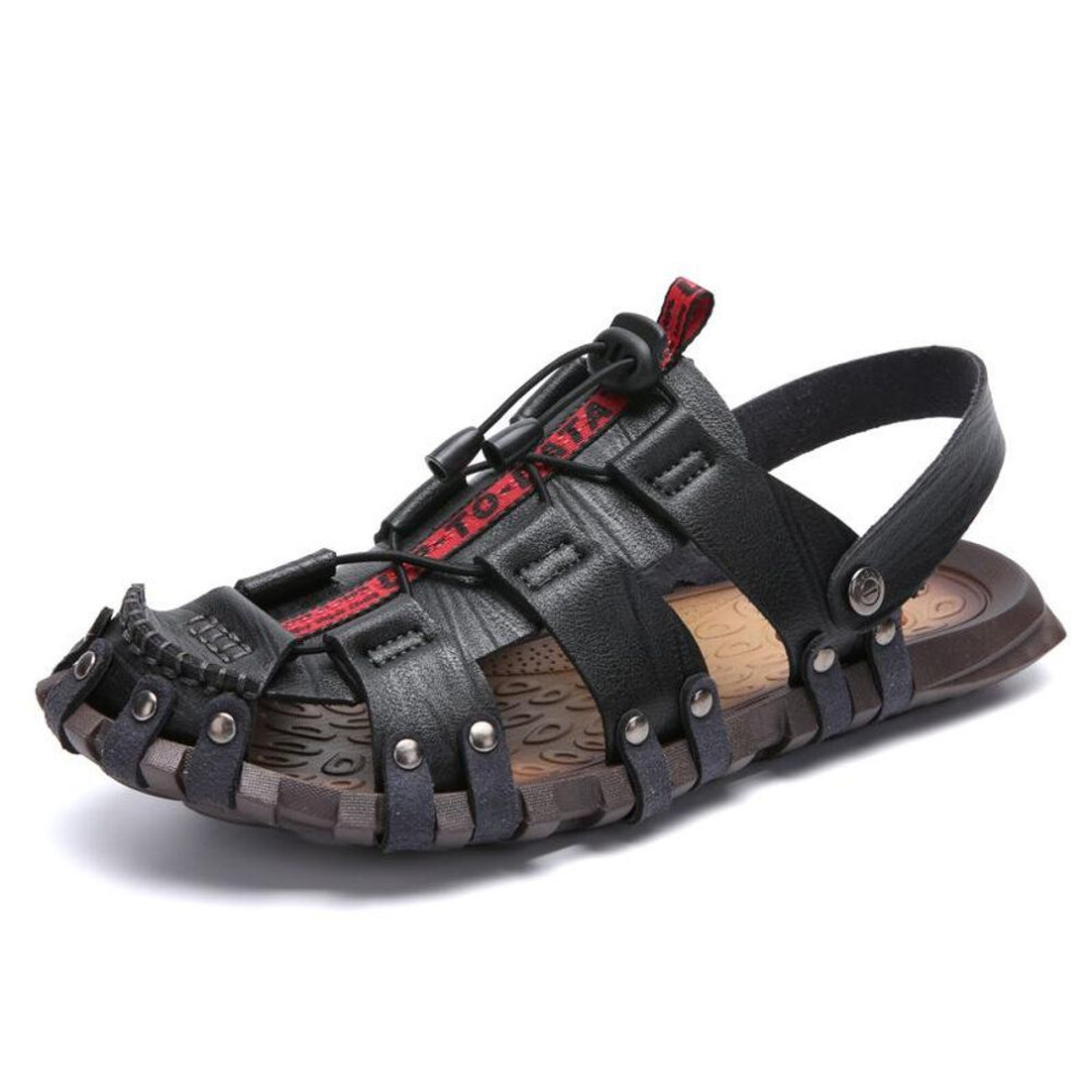 (black, 45) New Fashion Men Summer Leather Shoes Men Beach Sandals Platform Slippers Slip On Flip Flops Fashion