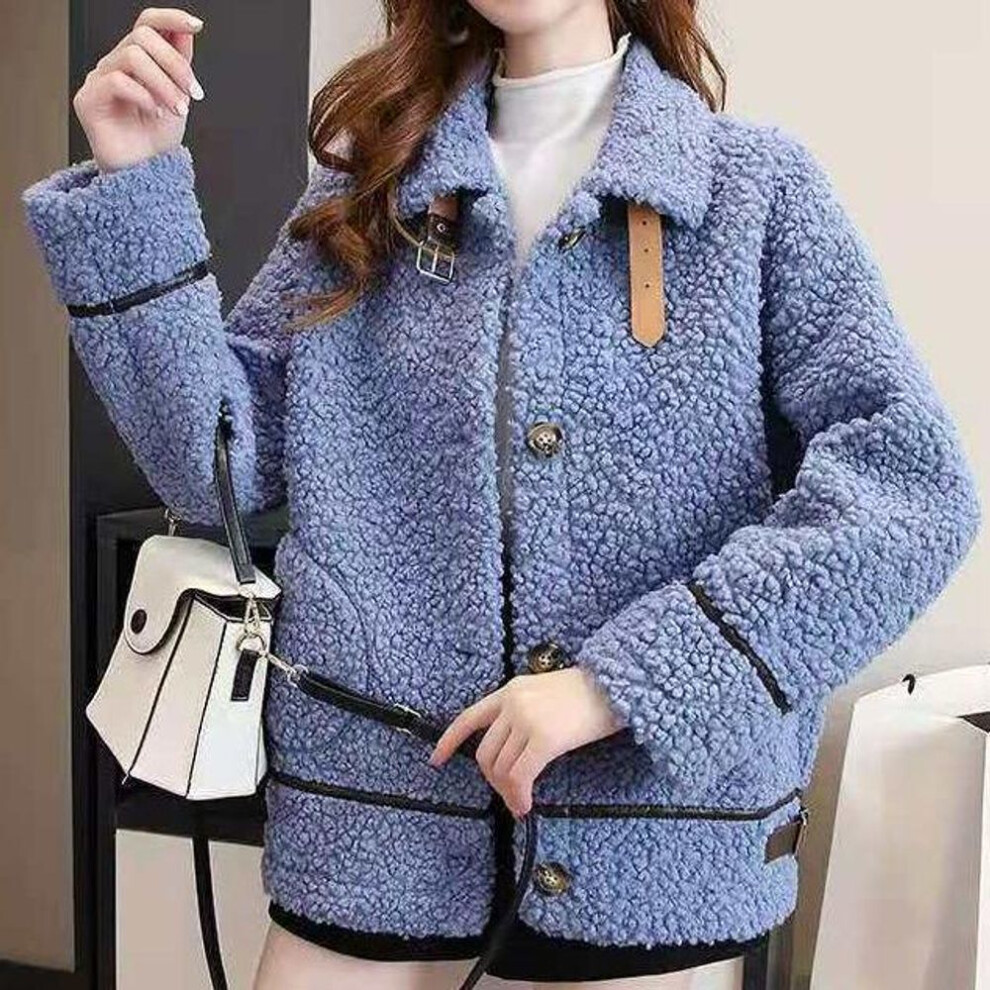(blue, S) Autumn Lamb Wool Women Thickened Coat Korean Loose Warm Long Sleeve Plus Size Clothes