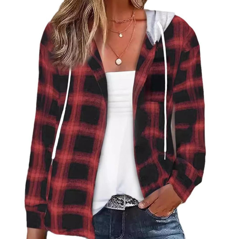 (S) "2024 Autumn/winter Plaid Hooded Sweater Button-up Casual Shirt For Women