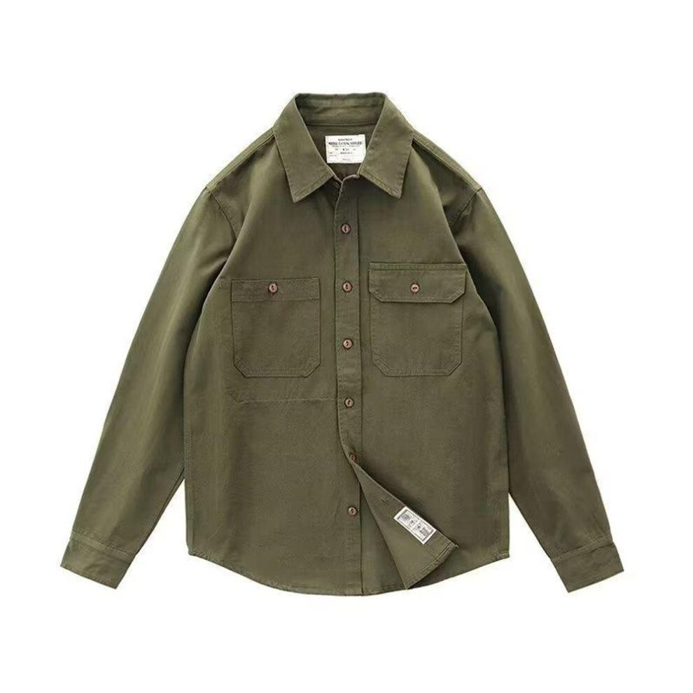 (green, M) Men's Khaki Retro Military Green Long-Sleeve Work Shirt Jacket