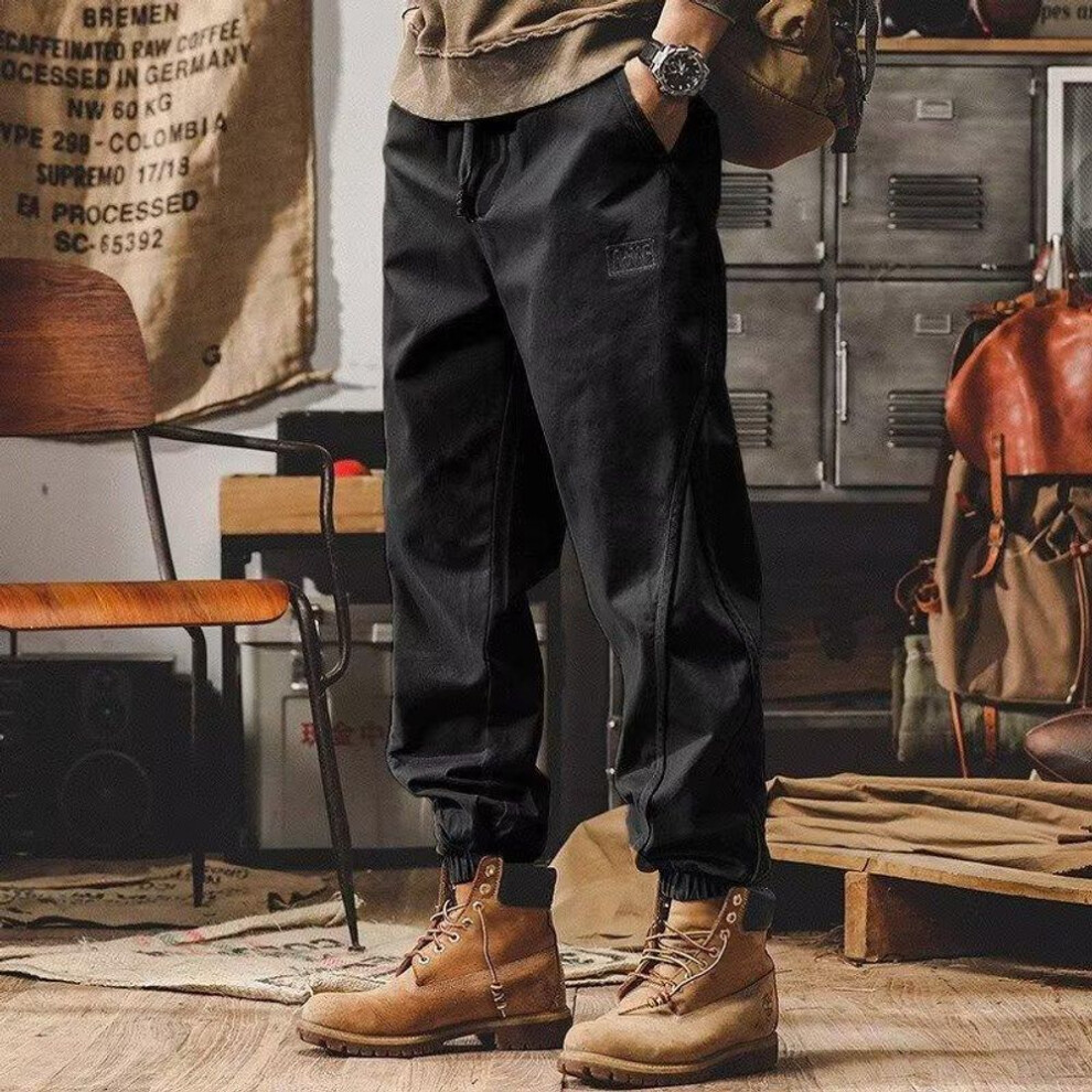 (black, M) Men's Trendy Khaki Stitching Elastic Overalls - Loose Fit, Large Size Casual Pants