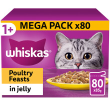 Whiskas 1+ Poultry Feasts Adult Wet Cat Food in Jelly 80 Pouch Pack