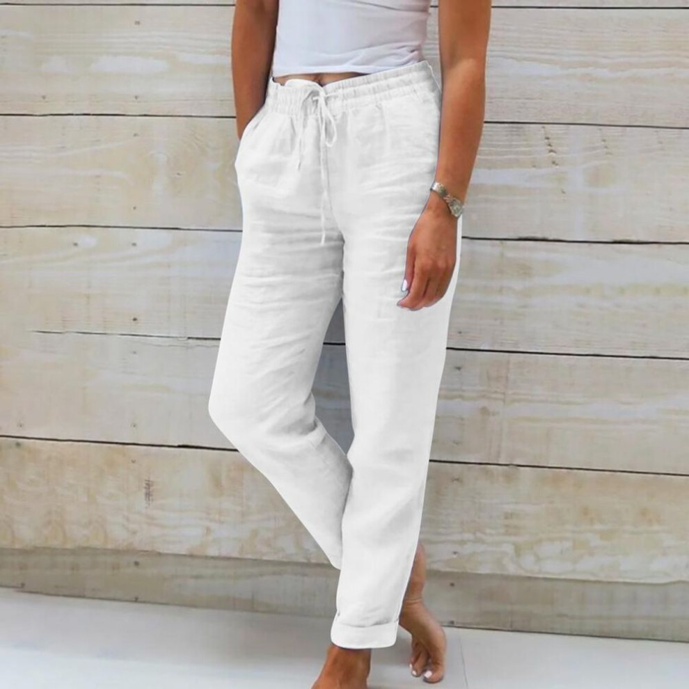(white, S) 2024 New Womens Summer Elastic Waist Pocket Solid Color Cotton Linen Wide Leg Pants Loose Nine Points Pants