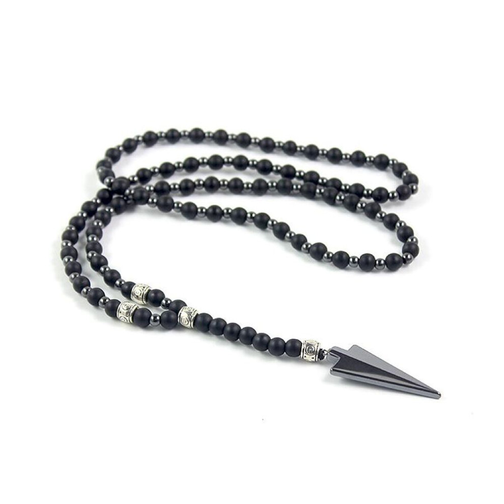 (black) New Design Matte Black Onyx 6mm Round Beads And Hematite Beads 4mm Long Necklace With Arrow Pendant Fashion Men's Jewelry