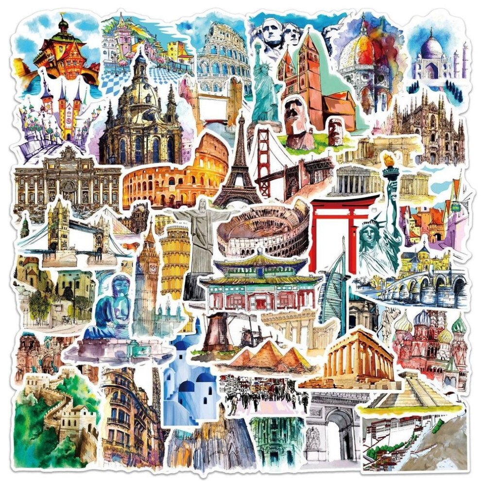 (50pcs) 10/50pcs Mixed World Famous Building Graffiti Stickers Motorcycle Travel Luggage Guitar Skateboard Kids Classic Toy Sticker