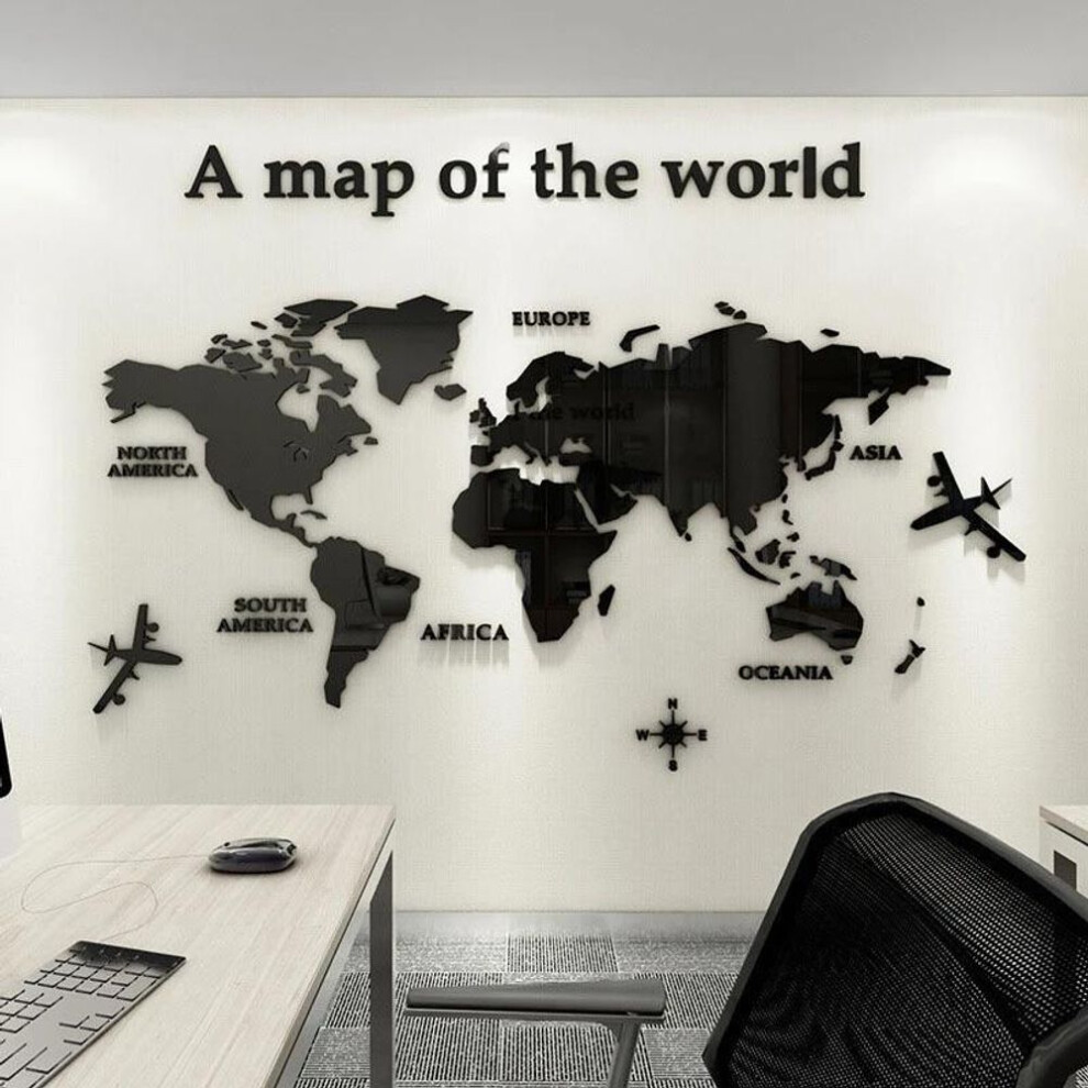 (black) 3D Mirror World Map Art Removable Wall Sticker Acrylic Mural Decal Home Decor