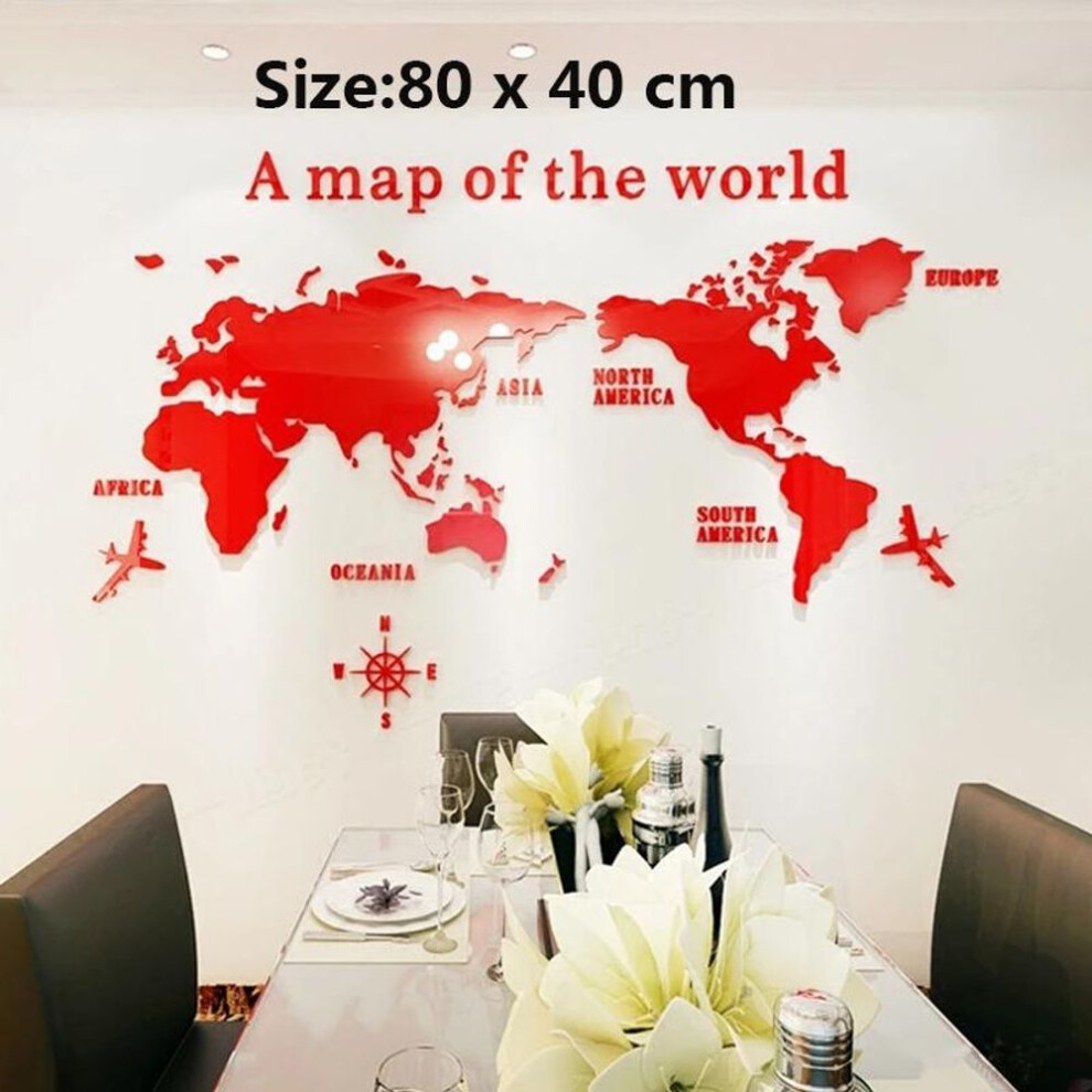 (red) 3D Mirror World Map Art Removable Wall Sticker Acrylic Mural Decal Home Decor