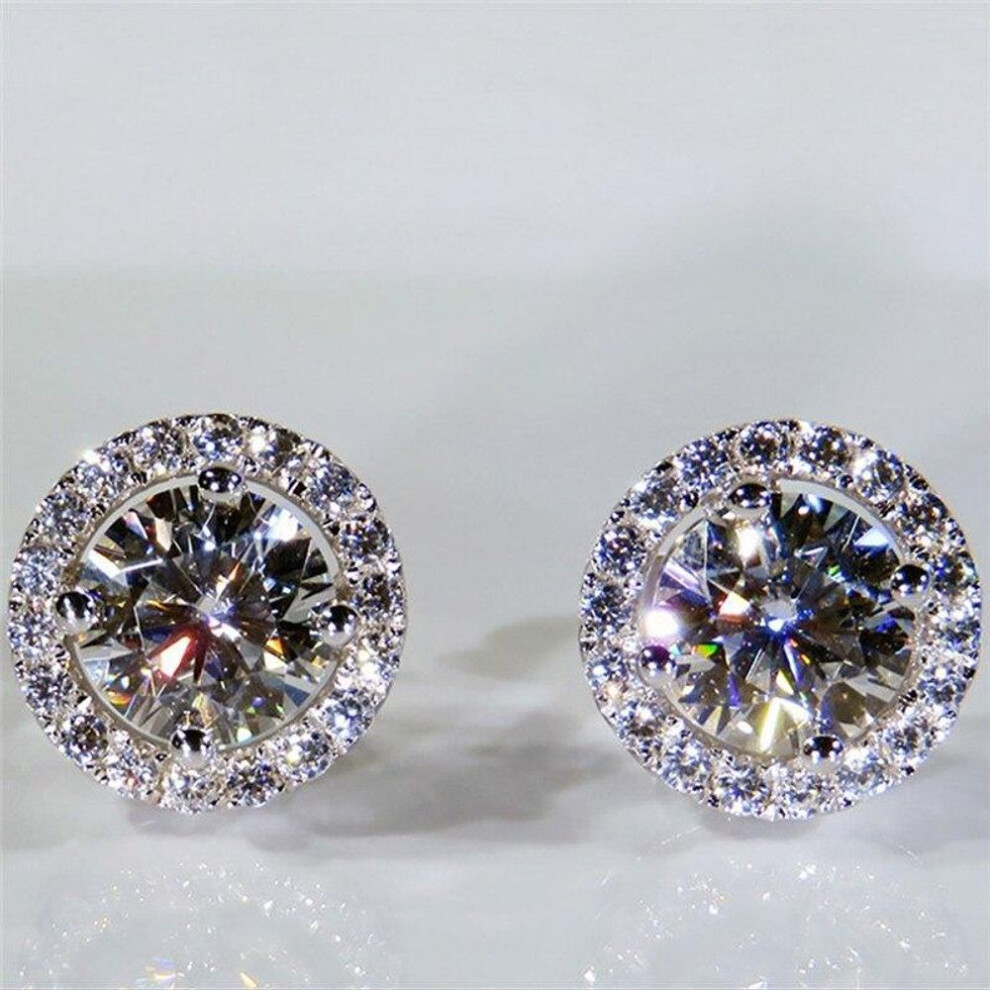 (white) Female Luxury White Stone Stud Earrings Dainty Rose Gold Silver Color Round Earrings Vintage Wedding Earrings For Women