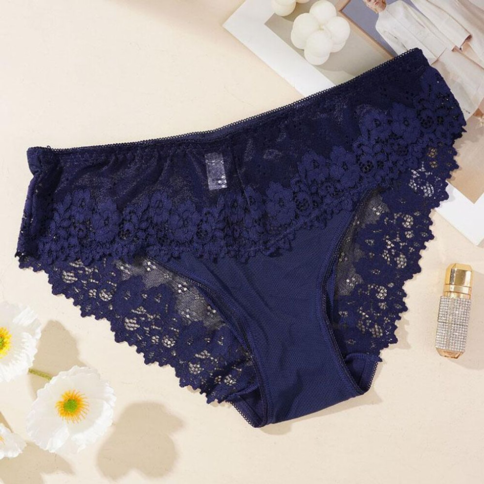 (navy blue, L) Women's Sexy Lace Mesh Panties Low Waist Translucent Breathable Bikini Briefs Women's Seamless Underwear