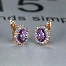 (purple) Luxury Purple Stone Gold Color Love Drop Earrings Bride Band Engagement Ear Clip Jewelry