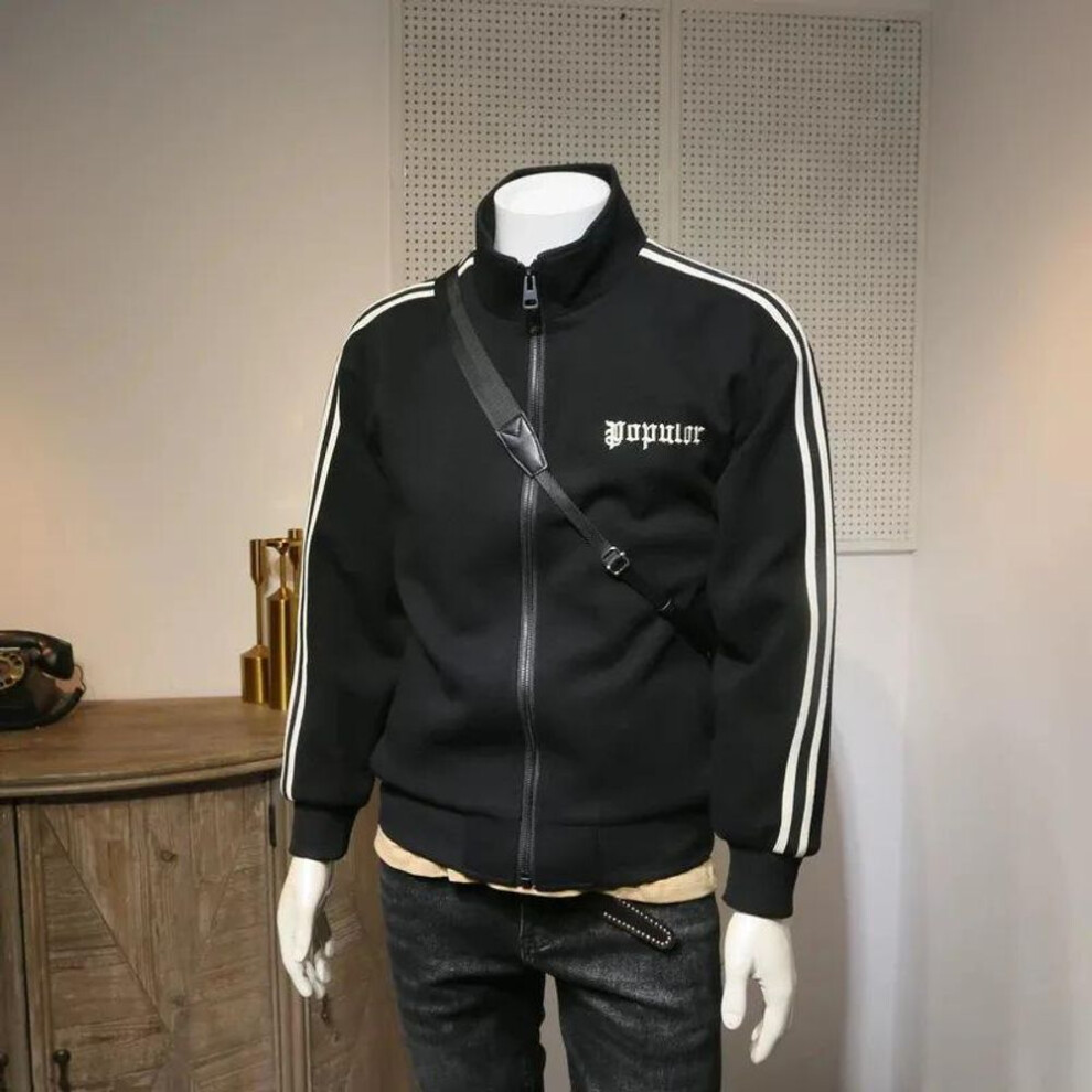 (black, L) Men's Korean Style Turtleneck Zipper Cardigan: Side Stripe Embroidered Jacket for Spring, Autumn, and Winter.