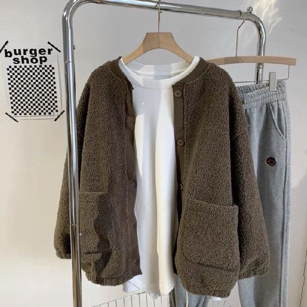 (khaki, 2XL) Women's Japanese Style Lambswool Cardigan Sweater: Thickened Velvet Solid Color Baseball Jacket For Autumn & Winter