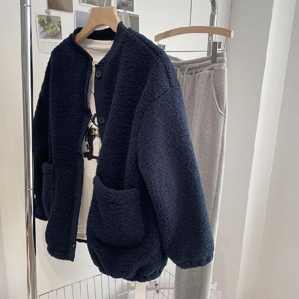 (navy blue, XL) Women's Japanese Style Lambswool Cardigan Sweater: Thickened Velvet Solid Color Baseball Jacket For Autumn & Winter