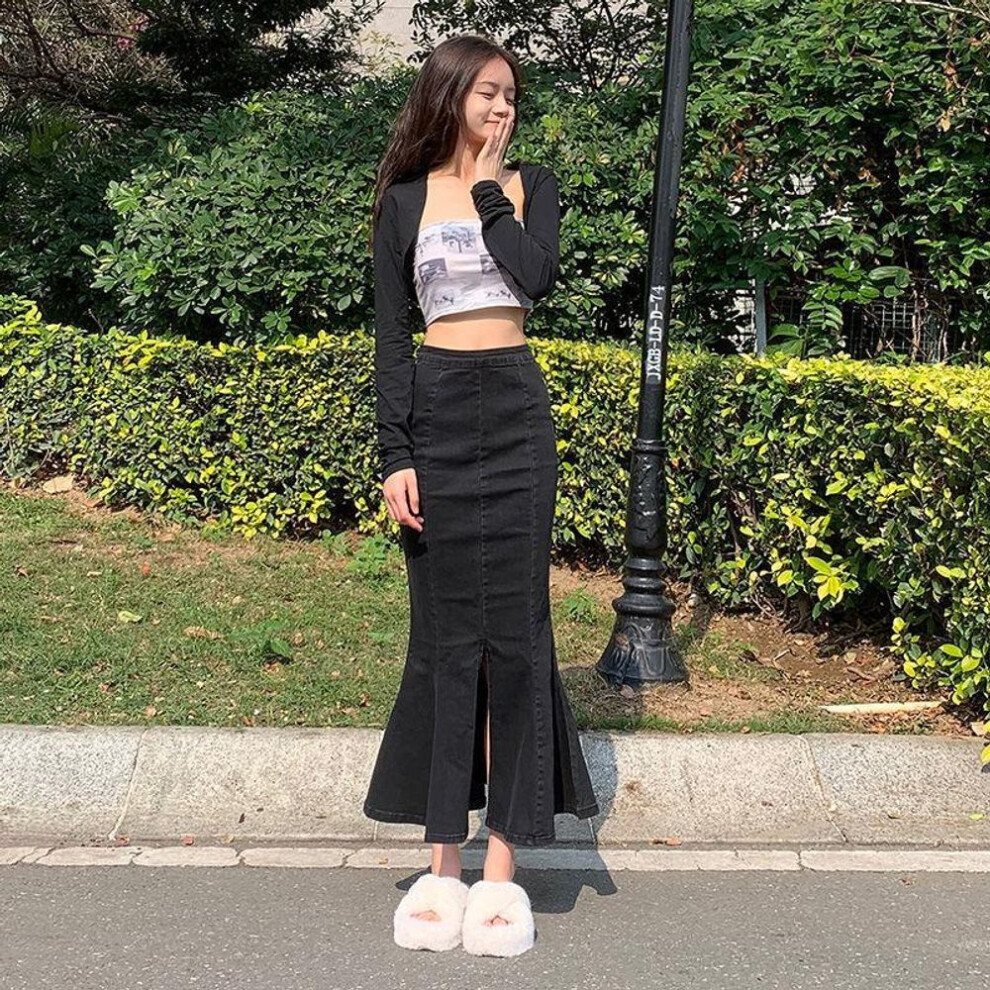 (black, 2XL) High-Waisted Ruffled Denim Fishtail Skirt for Women - Mid-Length, Elastic, Perfect for Autumn/Winter 2022