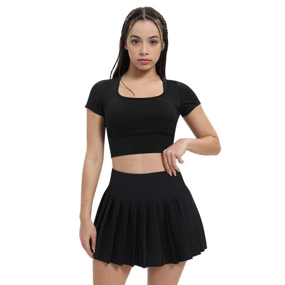 (black, Extra Large) Women's Quick-dry Sports Tops & Tennis Skirts: Shockproof, Chest-padded, Navel-exposed Yoga Wear