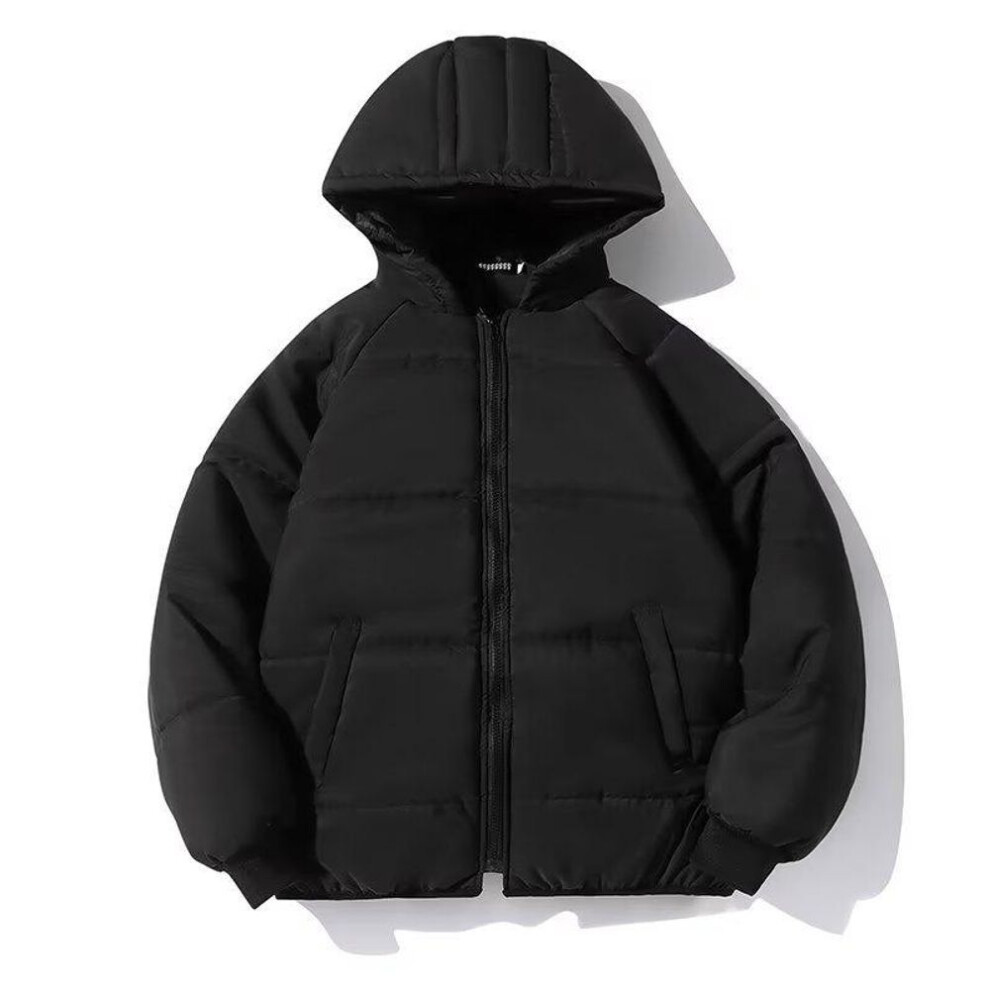 (black, 2XL) Men's Hooded Cotton Puffer Jacket - Autumn/Winter Japanese Style, Solid Color, Unisex Coat