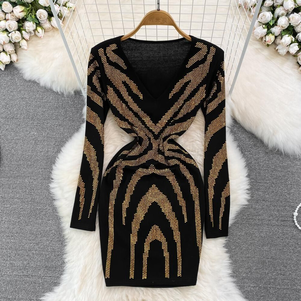 (black, One Size) "Elegant Long Sleeve Glitter Sequin V-Neck Slimming Midi Dress