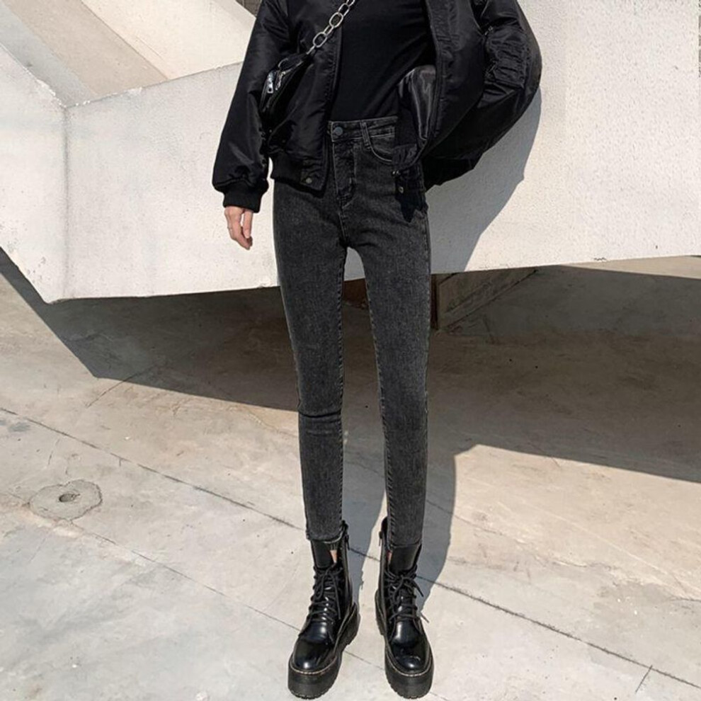 (black gray, 28) Women's Black High-Waist Slim Fit Elastic Pencil Jeans - 2022 Spring Collection