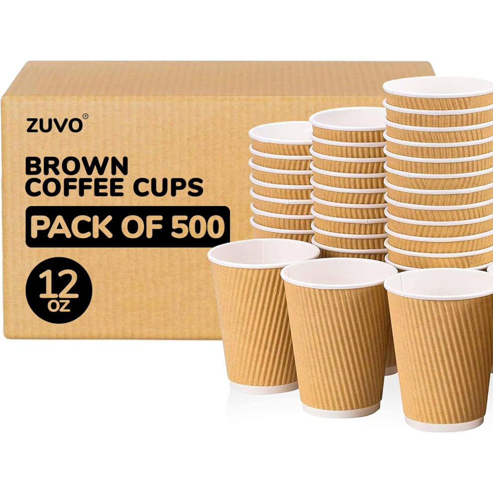 Zuvo Disposable Coffee Cups 12oz 500 Pack Triple Wall Ripple Paper Cups Without Lids Heat Resistant