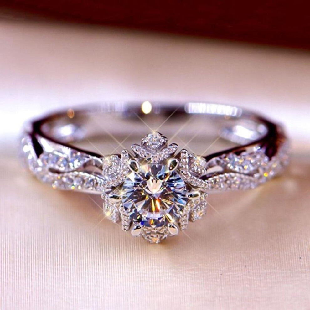 (white, 9) Fashion Elegant Dazzling Flower Ring For Women Classic Cz Zircon Anniversary Ring Delicated Crystal Wedding Engagement Rings