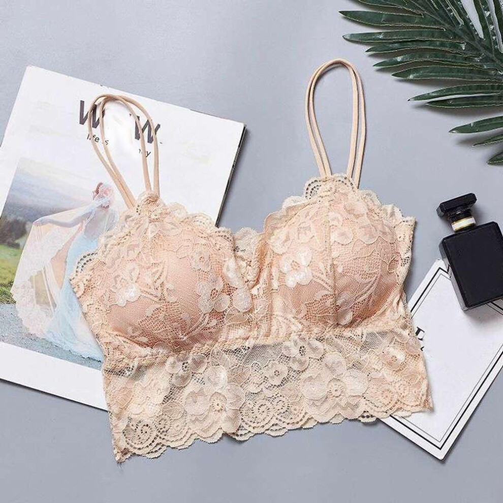 (beige, One size) Fashion Sexy Sleeveless Vest Crochet Halter Lace Tank Tops Strappy Bralette Bra Cami Crop Top