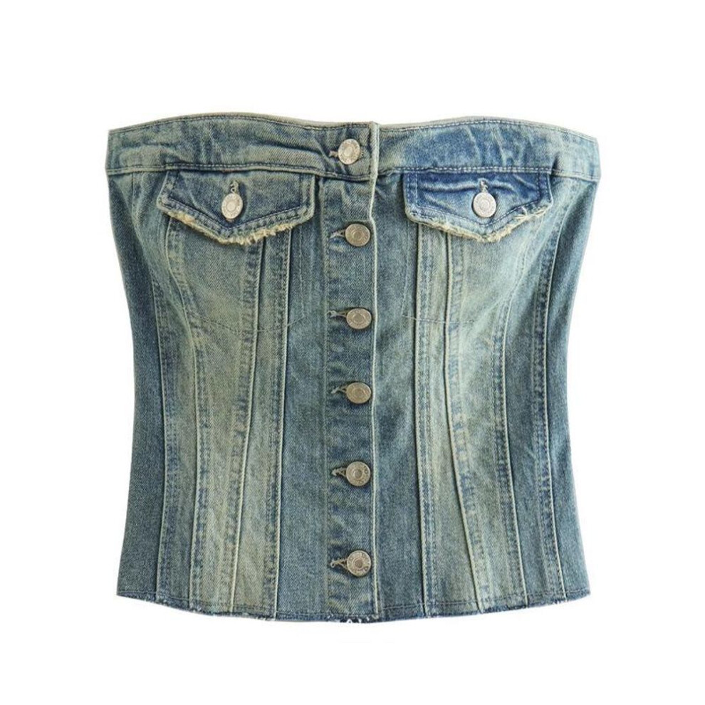 (Small) "2023 Summer Retro Sexy Denim Off-shoulder Tube Top For Women