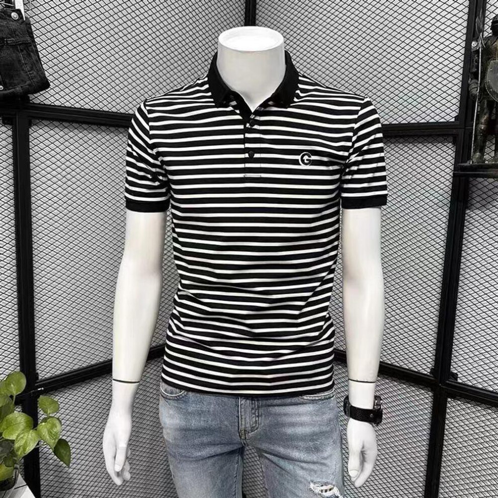 (black, XL) Men's Solid Color Striped Polo T-Shirt: High-End, Casual, Short-Sleeve, Slim Fit, Trendy Round Neck for Summer