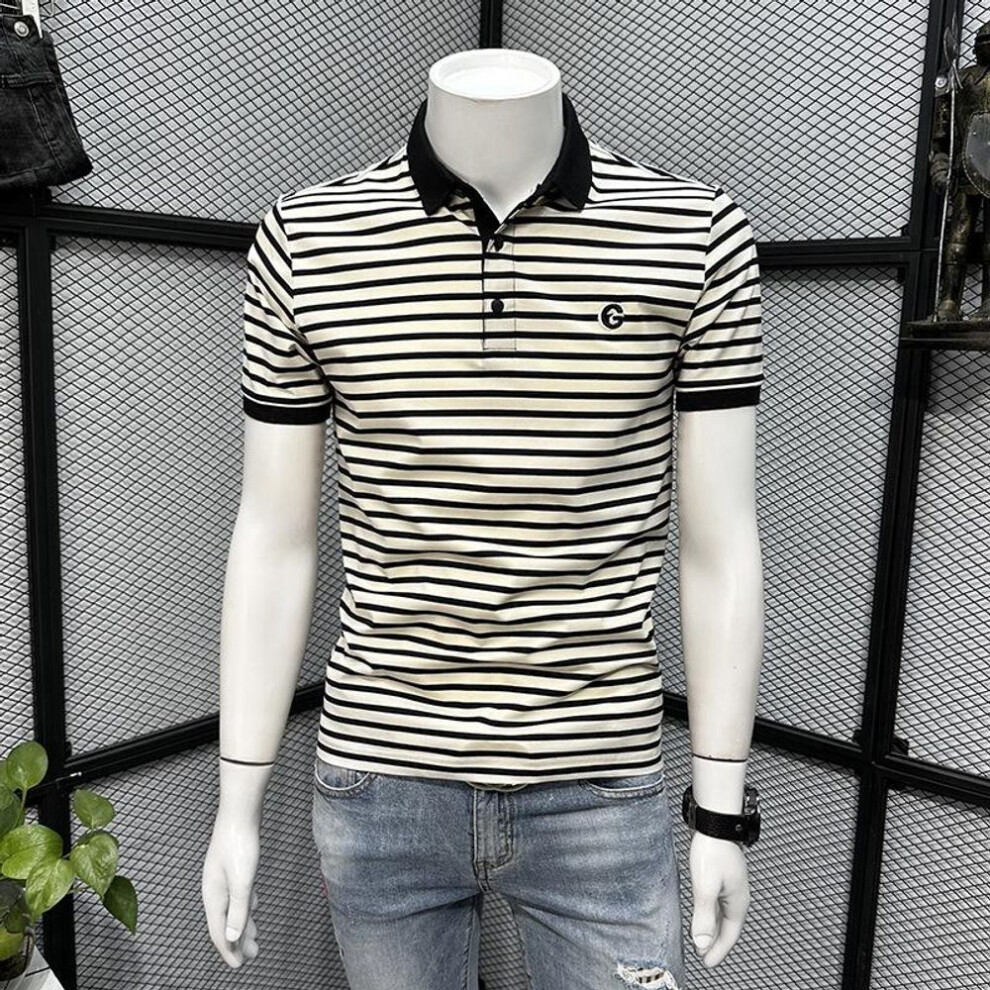 (white, L) Men's Solid Color Striped Polo T-Shirt: High-End, Casual, Short-Sleeve, Slim Fit, Trendy Round Neck for Summer