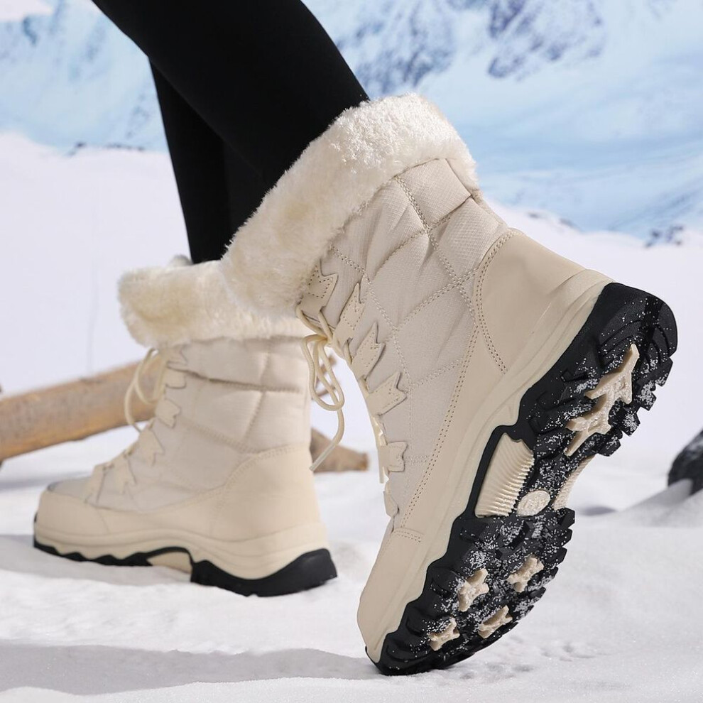 (off white, 36) Women's Waterproof, Cold-Proof Long Boots: Outdoor Plus Velvet Thick Warm Snow Boots