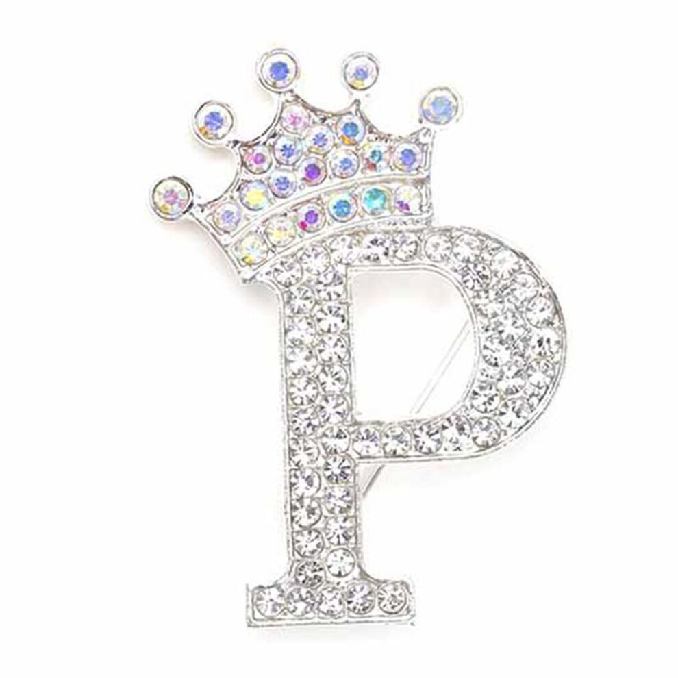 (Silver-P) Fashion Crown 26 Initial Letters A To Z Crystal Rhinestone Brooch Pins Women