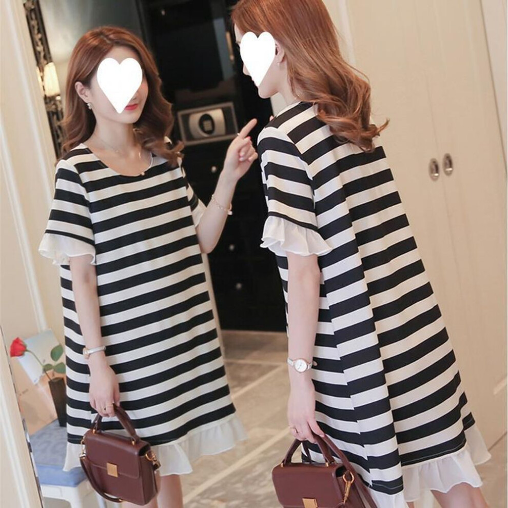 (Large) Striped Maternity Short-sleeve Mid-length Summer Dress