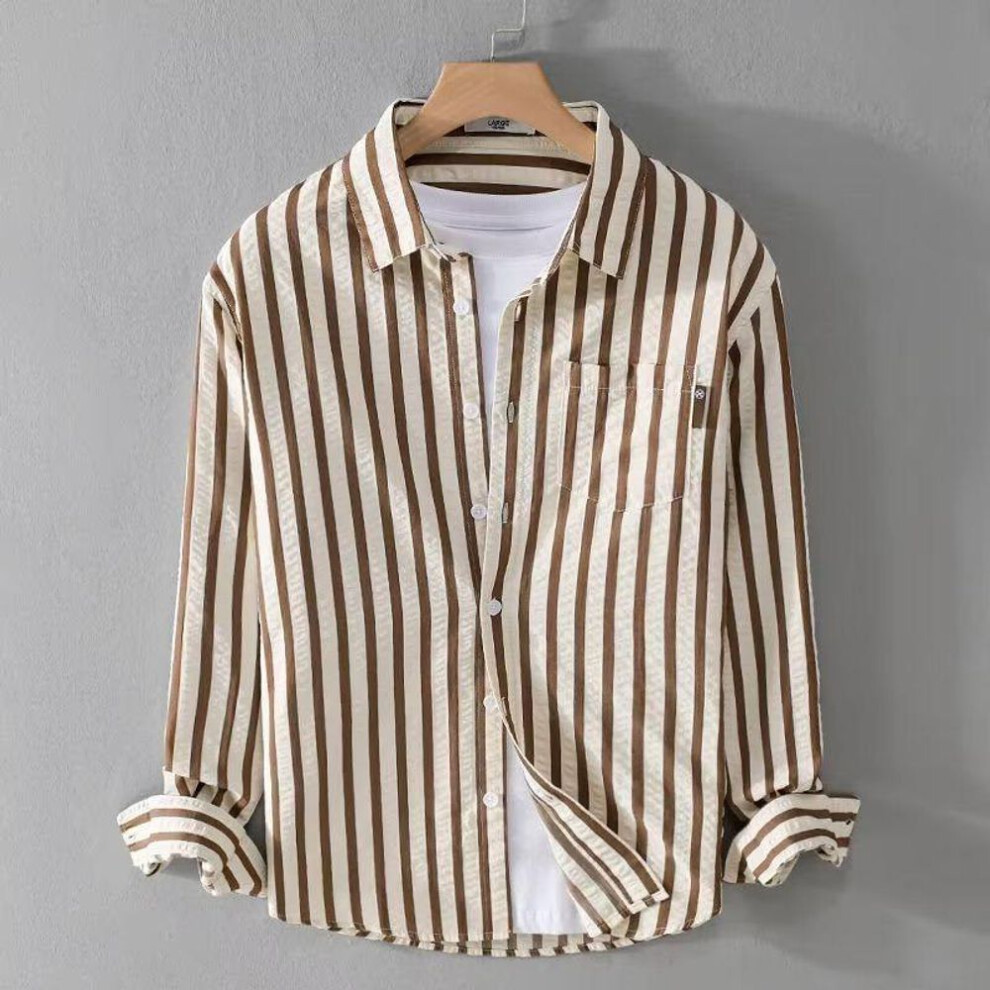(brown, Triple Extra Large) "2024 Spring/Summer Striped Long Sleeve Casual Men's Shirt – Trendy & Loose Fit