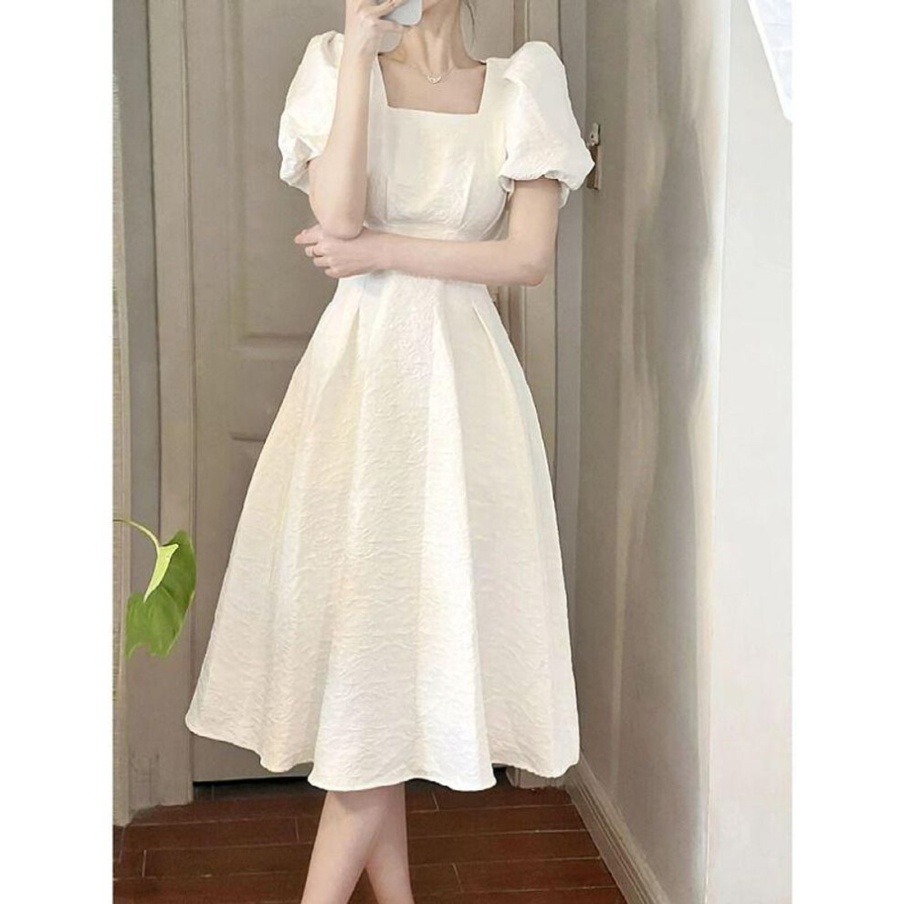 (white, S) French First Love White Long Summer Dress - Women's Square Neck, Slim Fit, Elegant Style