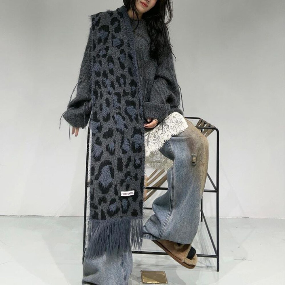 (blue,gray, 26*180 cm) "leopard Wool Cashmere Scarf For Women - Autumn & Winter Tassel Shawl, Cozy Korean Style
