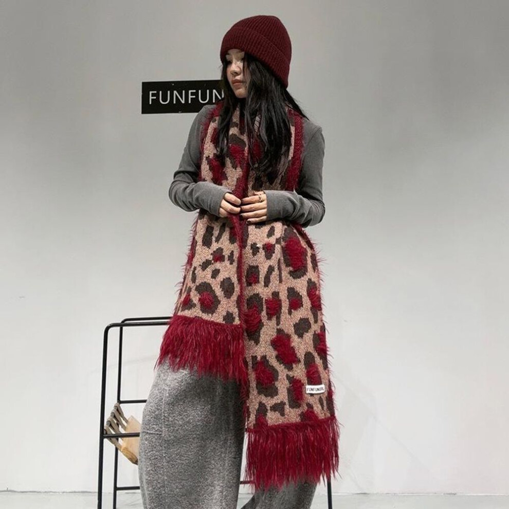 (red, 26*180 cm) "leopard Wool Cashmere Scarf For Women - Autumn & Winter Tassel Shawl, Cozy Korean Style