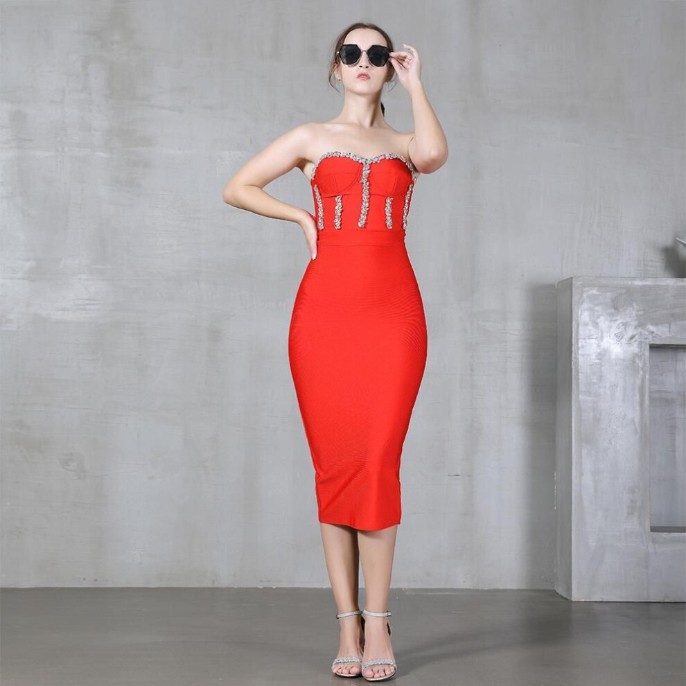 (red, Small) "Elegant European & American Style Tube Top Bandage Dress with Diamonds