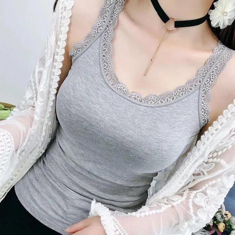 (XXL, grey) Summer Women Top Lace Vest Edge Stitching Modal Camisole Women's Spring and Summer Thin Section with Sleeveless White Bottoming Shirt