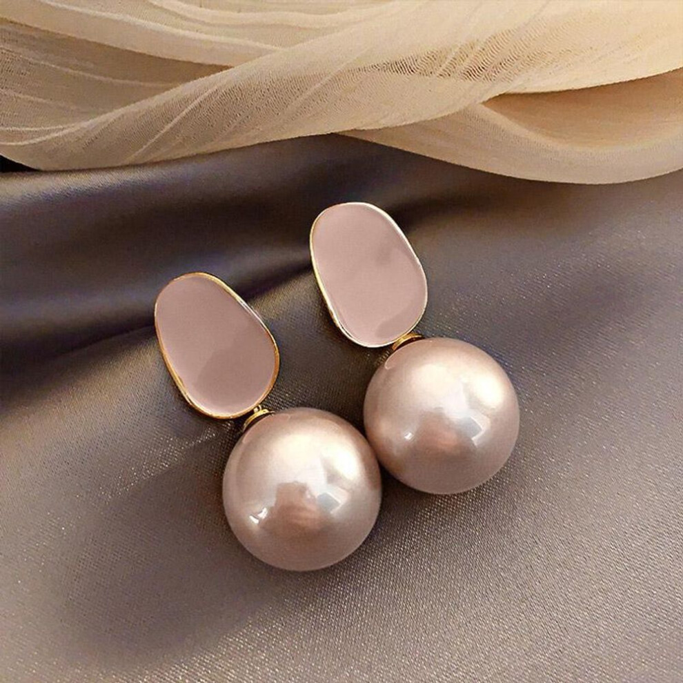 (pink) Pink Round Big Imitation Pearl Drop Earrings for Female Elegant Temperament Women French Earrings Hanging  Mermaid Princess Style Ear Jewelry