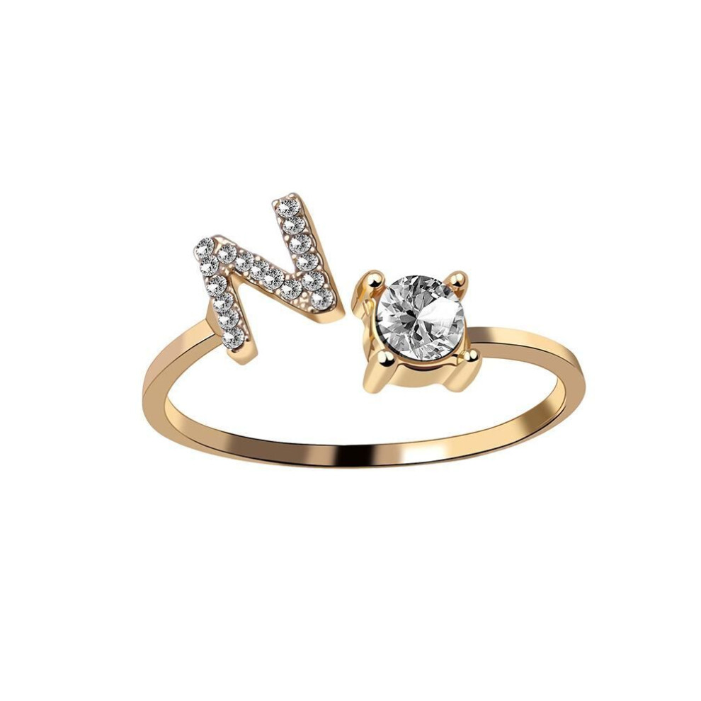 (gold, N) Fashion 26 Letter CZ Ring Name Initials Wedding Band Crown Love Ring Bridesmaid Gift Couple Ring