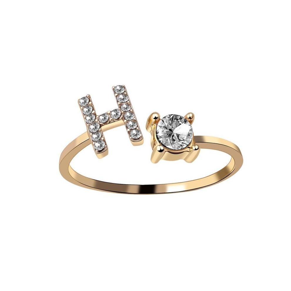 (gold, H) Fashion 26 Letter CZ Ring Name Initials Wedding Band Crown Love Ring Bridesmaid Gift Couple Ring