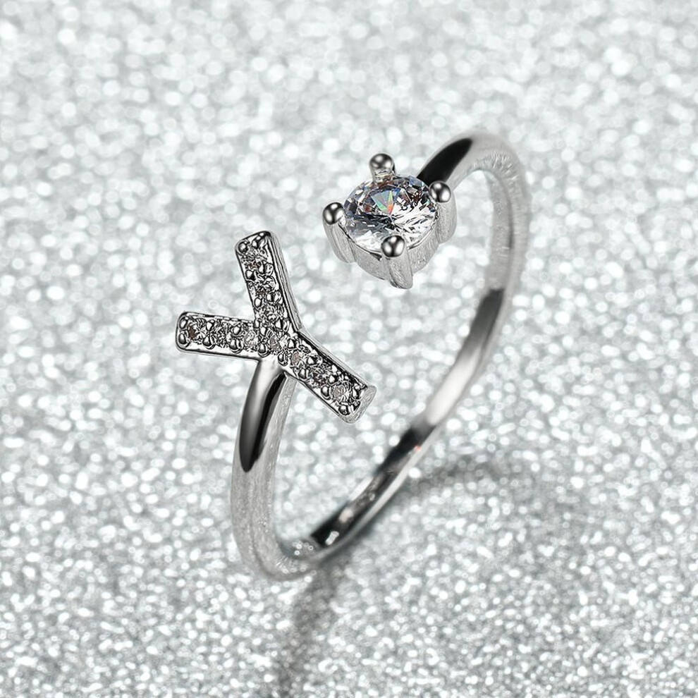 (silver, Y) Fashion 26 Letter CZ Ring Name Initials Wedding Band Crown Love Ring Bridesmaid Gift Couple Ring