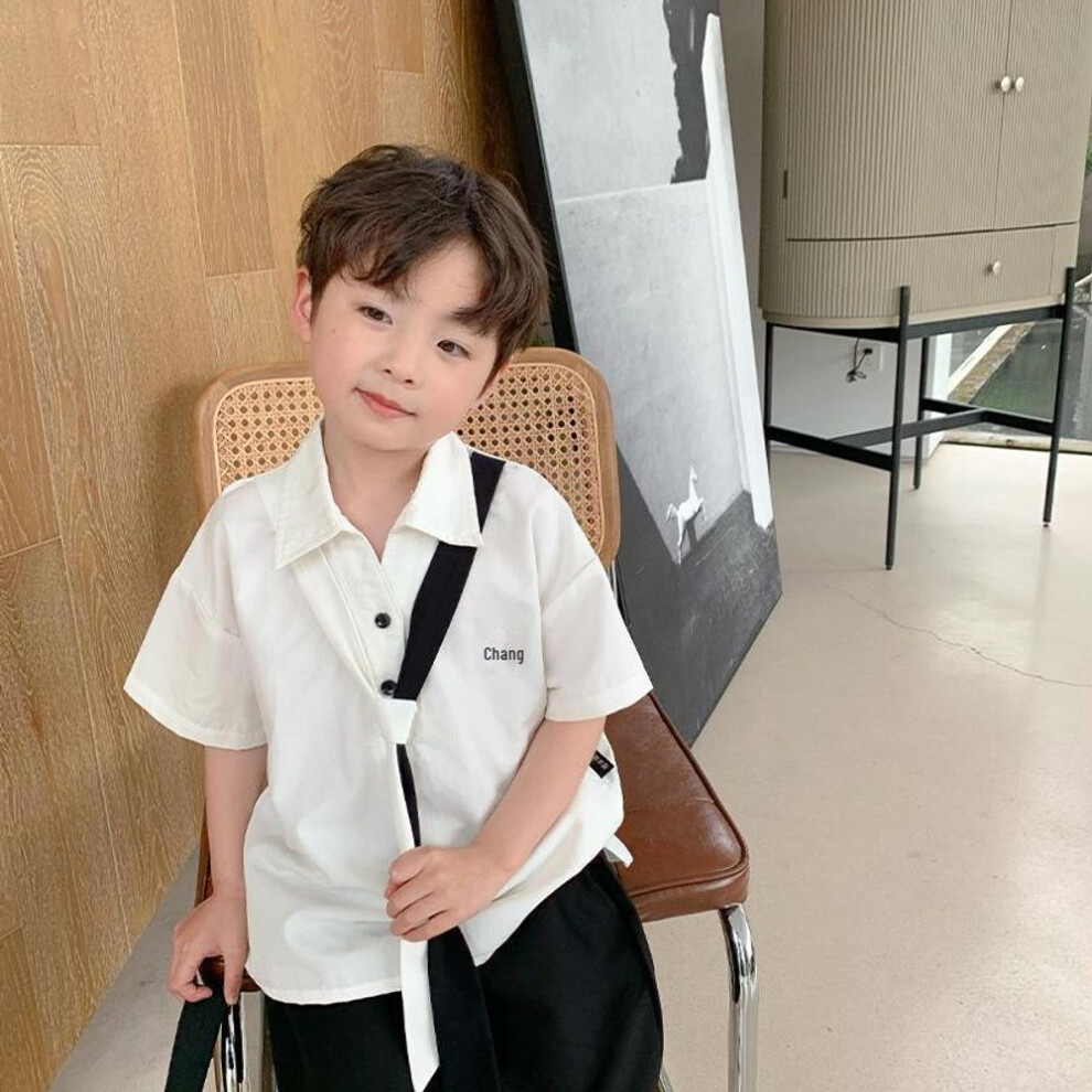 (white, 110) "2023 Boys' Summer Suits: Stylish Two-piece Loose Set For Children With Shirt