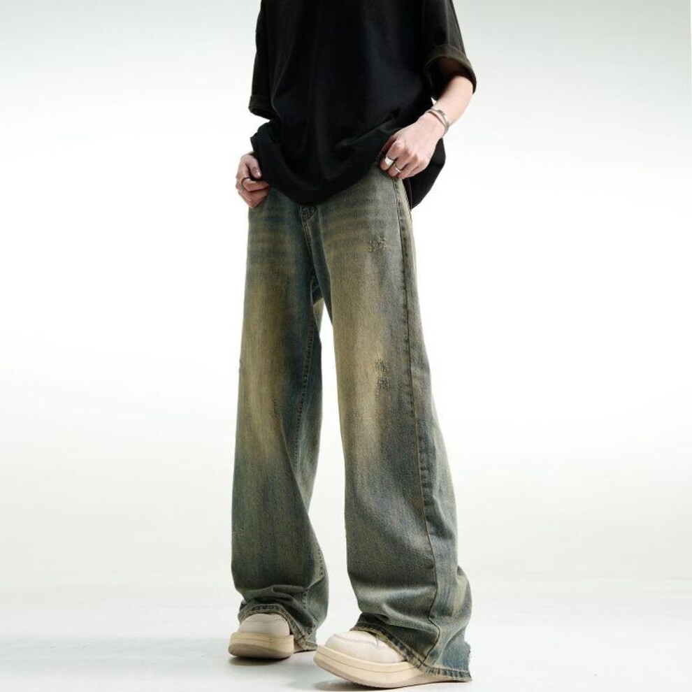 (blue, 3XL) "Unisex Retro Distressed Blue Wide-Leg Jeans - American High Street Flared Trousers