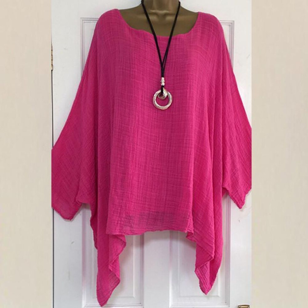 (2XL, hot pink) Women's Big Size Loose Cotton Linen Nine Sleeve Top T-Shirt