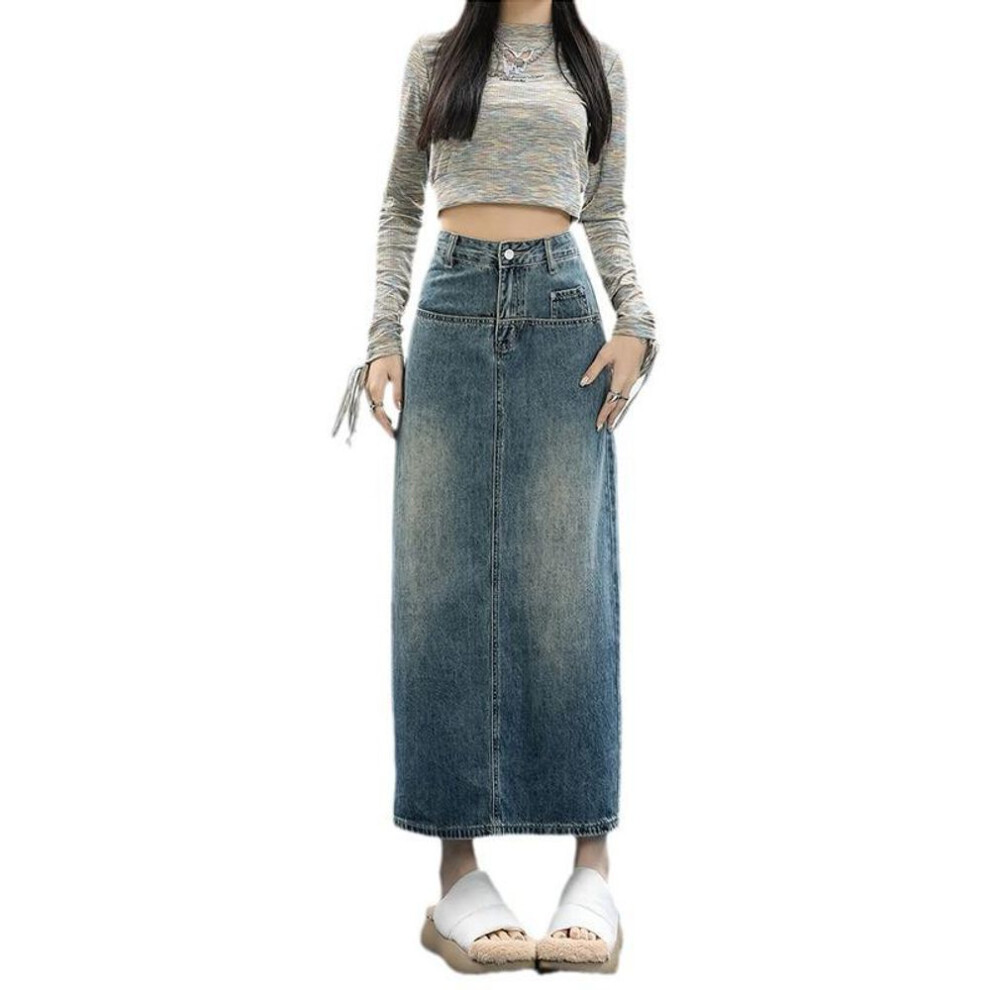 (M) "Women's Spring Retro Hong Kong Style High Waist A-Line Denim Skirt