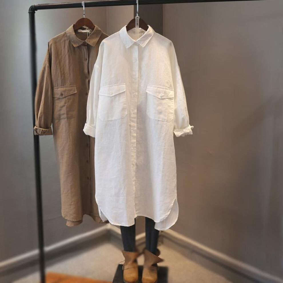 (white, XL [Approx 80-110 kg]) 2023 Spring Plus Size Cotton & Linen Dress - Women's Loose Medium-Length, Long-Sleeved Shirt Dress